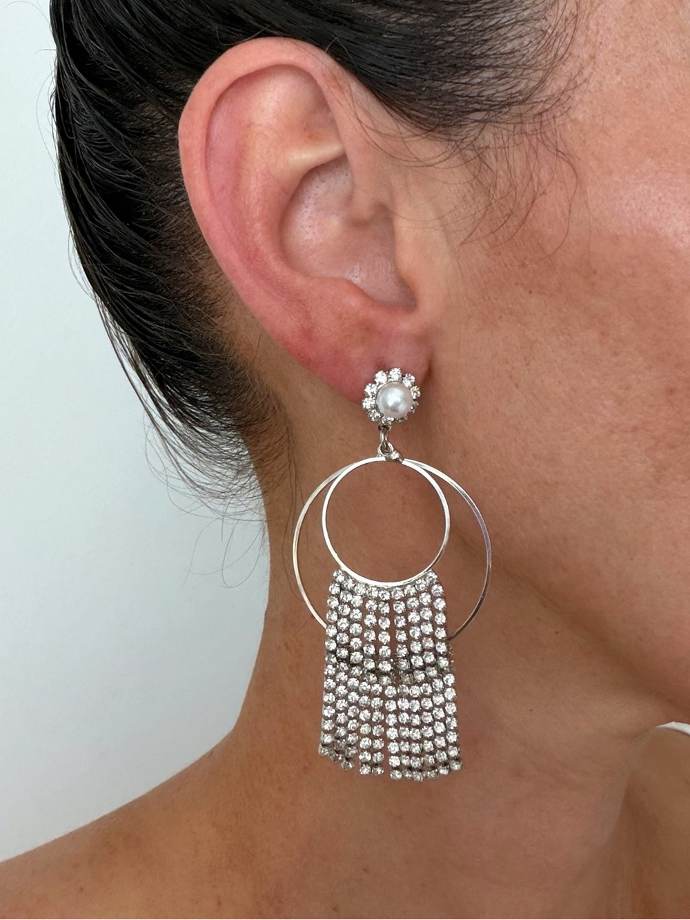 Y2K Betsey Johnson silver hoop & rhinestone fringe earrings